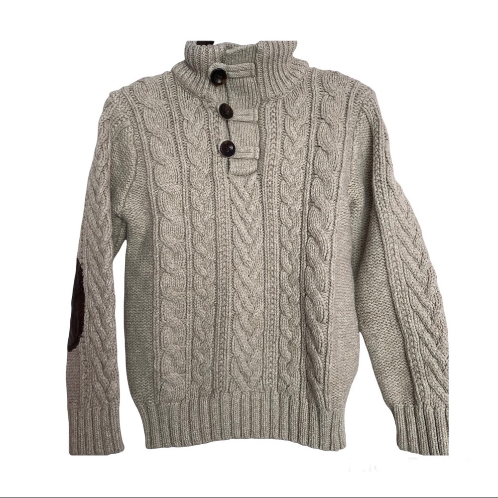 Baby Gap Sweater Boys Size 4 Beige Chunky Cable Knit Elbow Patches